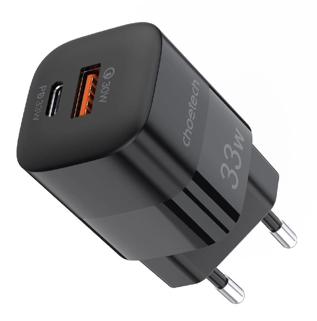 Incarcator retea GaN 1xUSB-A,1xTypeC,33W,Negru CHOETECH PD5006-EU-BK