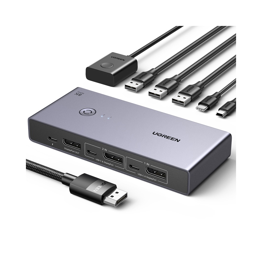 Switch KVM UGREEN Input: 2xDP si TypeC, 1xMini USB, Output: 1xDP,3xUSB, 1xUSB-Type-C, rez. max.8K/60Hz 