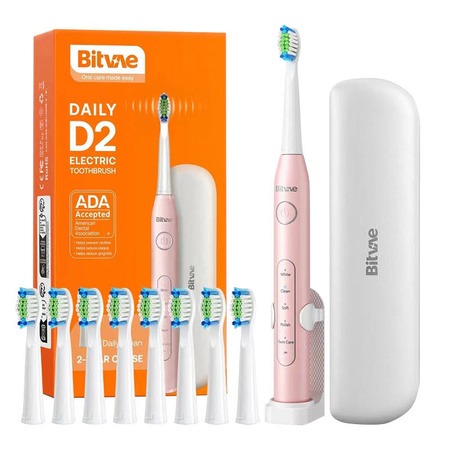 Periuta de dinti sonica, 5 moduri,8 varfuri de schimb, toc de calatorie Bitvae D2 Roz 