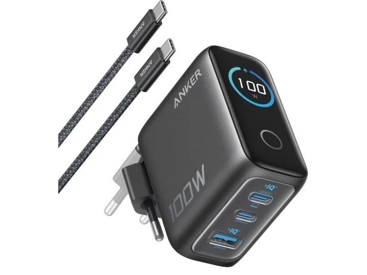 Alimentator retea, 100W,GaN, display interactiv, 2xUSB-C, 1xUSB-A, cablu TypeC la TypeC, Anker